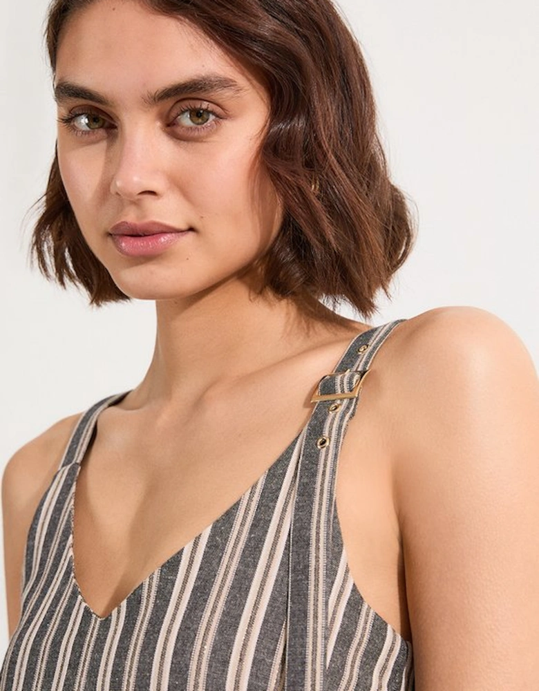 Tailored Stripe Linen  Strappy Asymmetric Hem Midi Dress