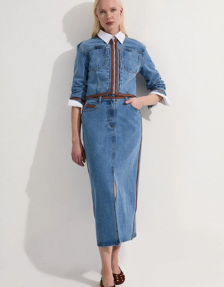 Denim & Faux Leather Tipping Collarless Tailored Jacket