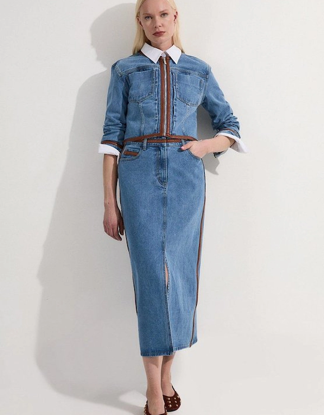 Denim & Faux Leather Tipping Collarless Tailored Jacket