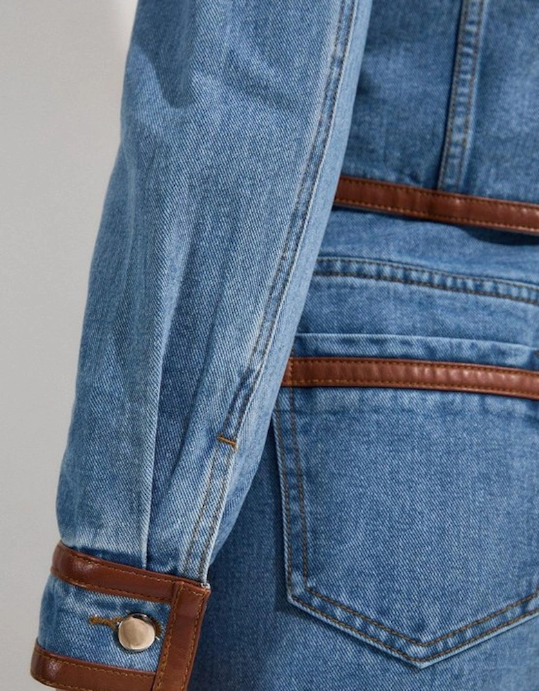 Denim & Faux Leather Tipping Collarless Tailored Jacket