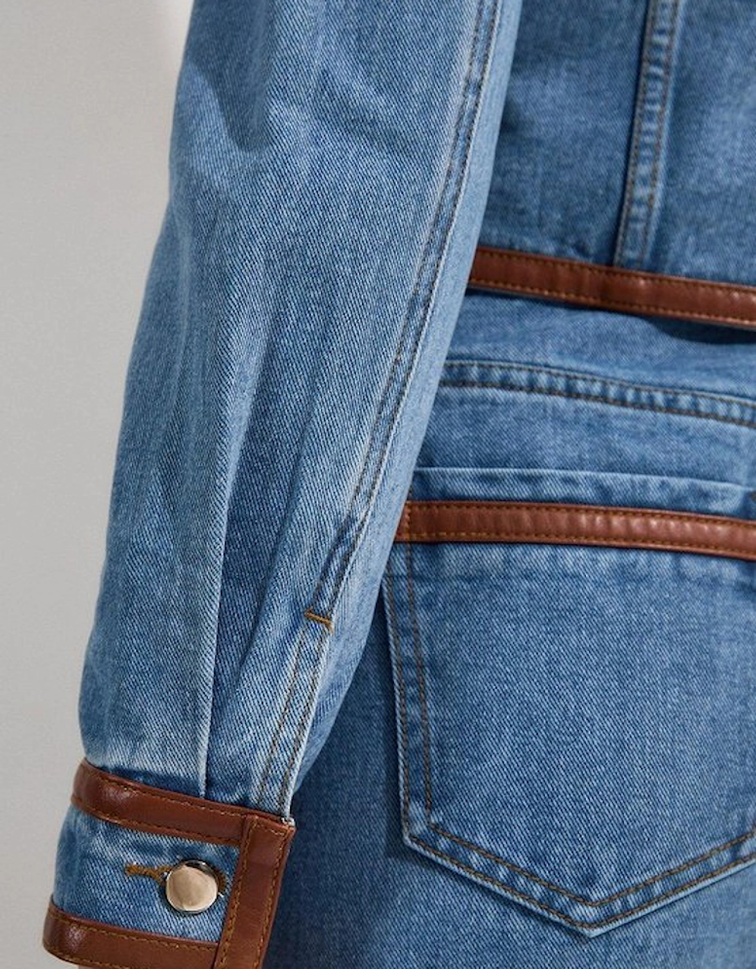 Denim & Faux Leather Tipping Collarless Tailored Jacket