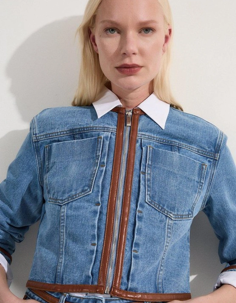 Denim & Faux Leather Tipping Collarless Tailored Jacket