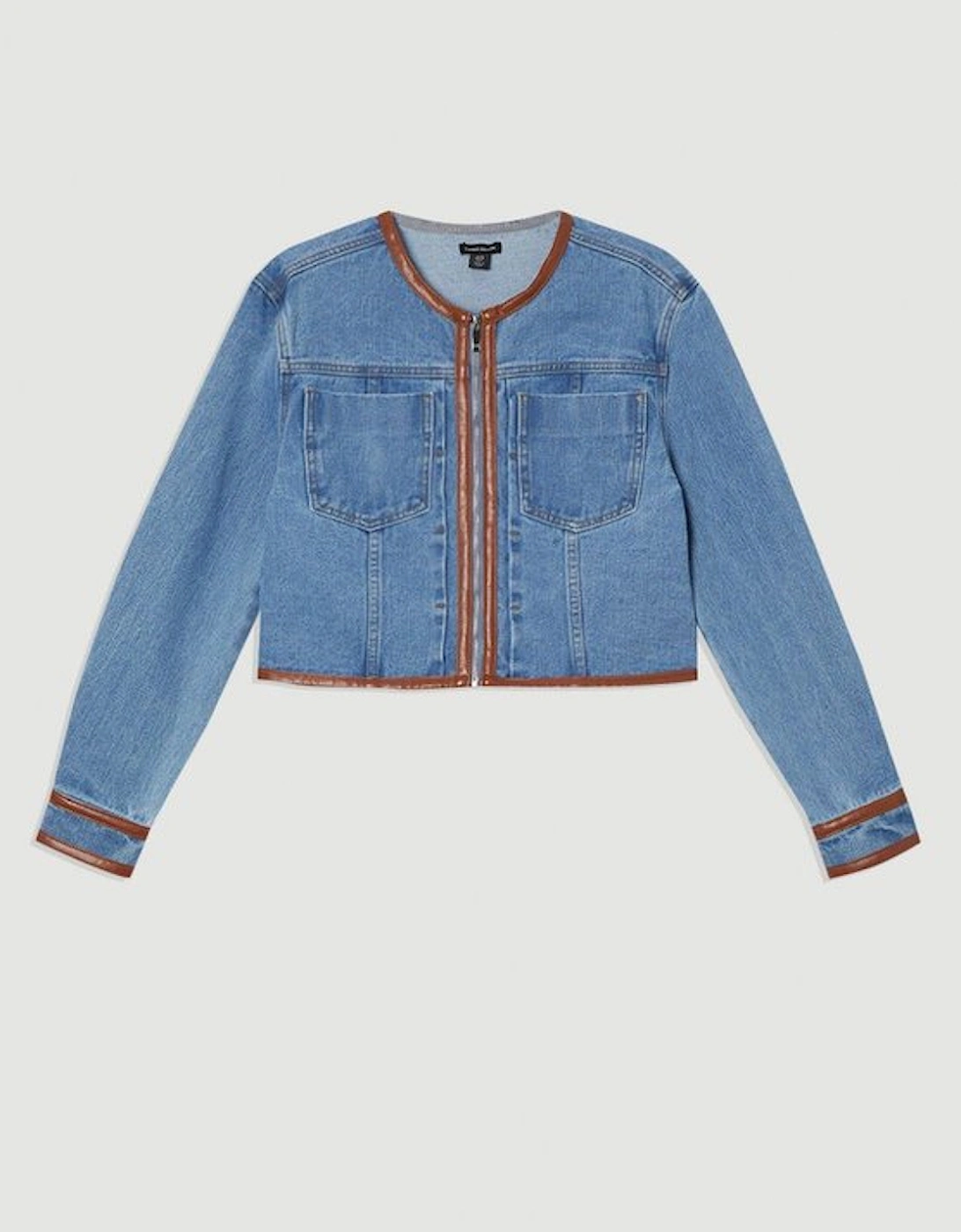 Denim & Faux Leather Tipping Collarless Tailored Jacket