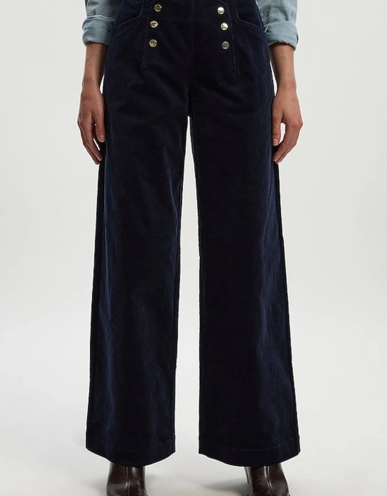 Stretch Cord Button Front Wide Leg Trouser