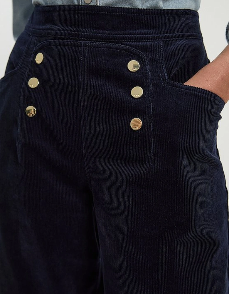 Stretch Cord Button Front Wide Leg Trouser