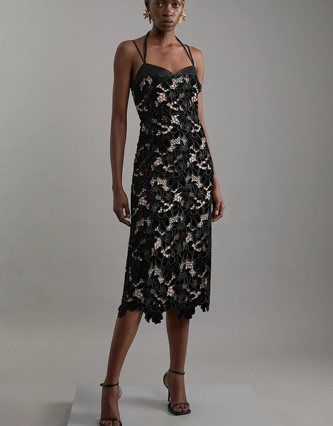 Tall Velvet Cutwork Lace Detail Strappy Midi Dress, 4 of 3