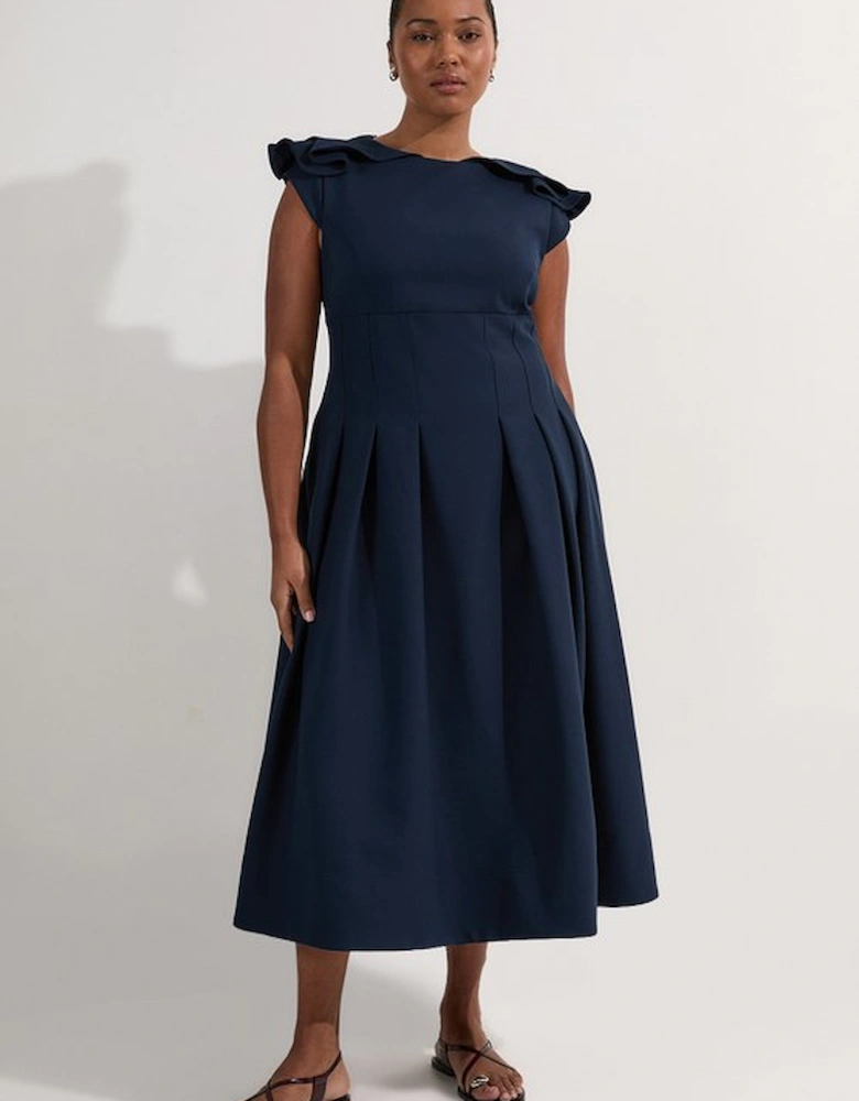 Plus Size Structured Crepe Ruffle Shoulder Tailored Full Skirted Midi Dress