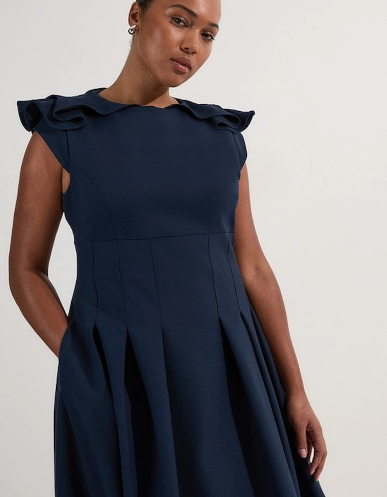 Plus Size Structured Crepe Ruffle Shoulder Tailored Full Skirted Midi Dress