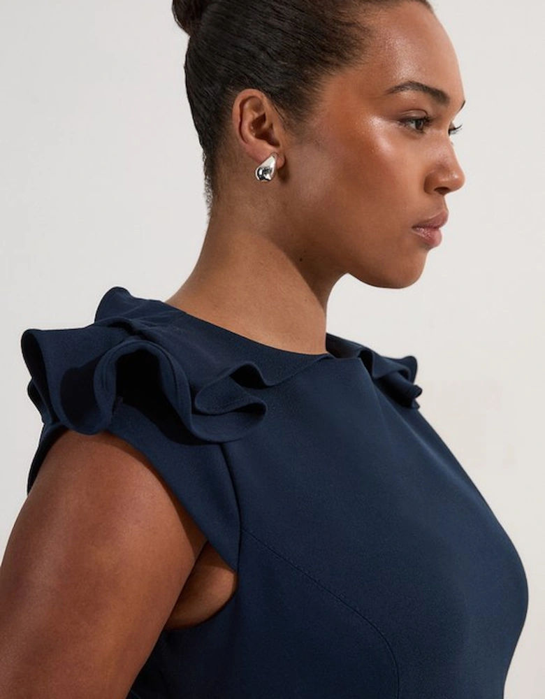 Plus Size Structured Crepe Ruffle Shoulder Tailored Full Skirted Midi Dress