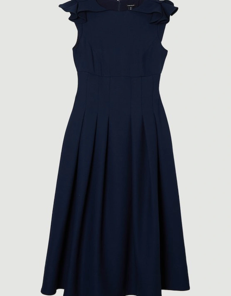 Plus Size Structured Crepe Ruffle Shoulder Tailored Full Skirted Midi Dress