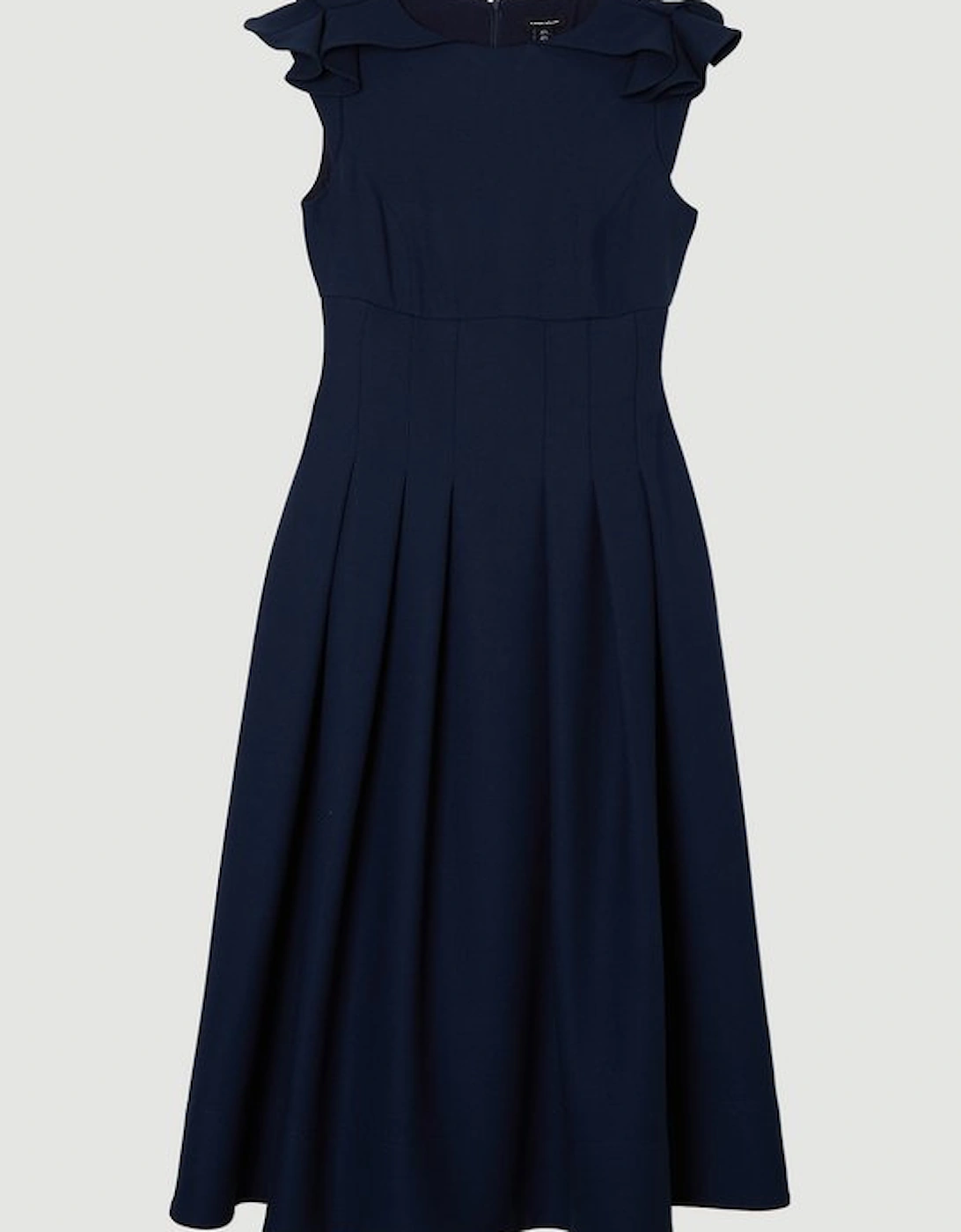 Plus Size Structured Crepe Ruffle Shoulder Tailored Full Skirted Midi Dress