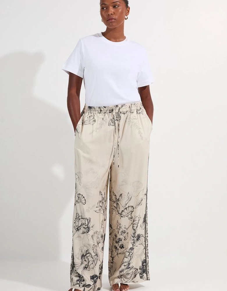 Plus Size Viscose Linen Scenic Placed Print Woven Wide Leg Trousers
