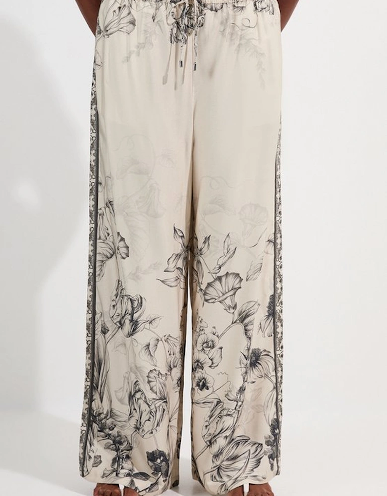 Plus Size Viscose Linen Scenic Placed Print Woven Wide Leg Trousers