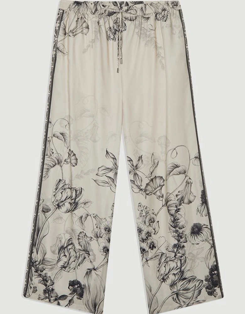 Plus Size Viscose Linen Scenic Placed Print Woven Wide Leg Trousers
