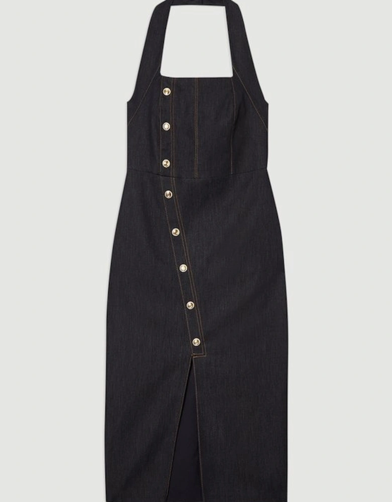 Tailored Denim Halter Neck Pencil Midi Dress