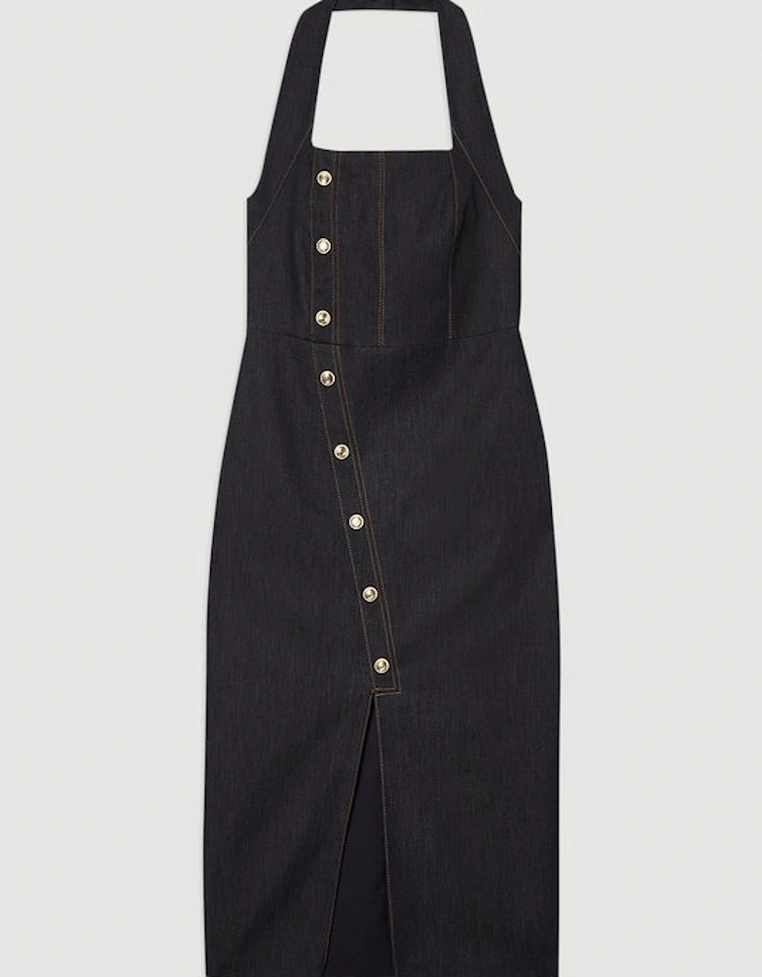 Tailored Denim Halter Neck Pencil Midi Dress
