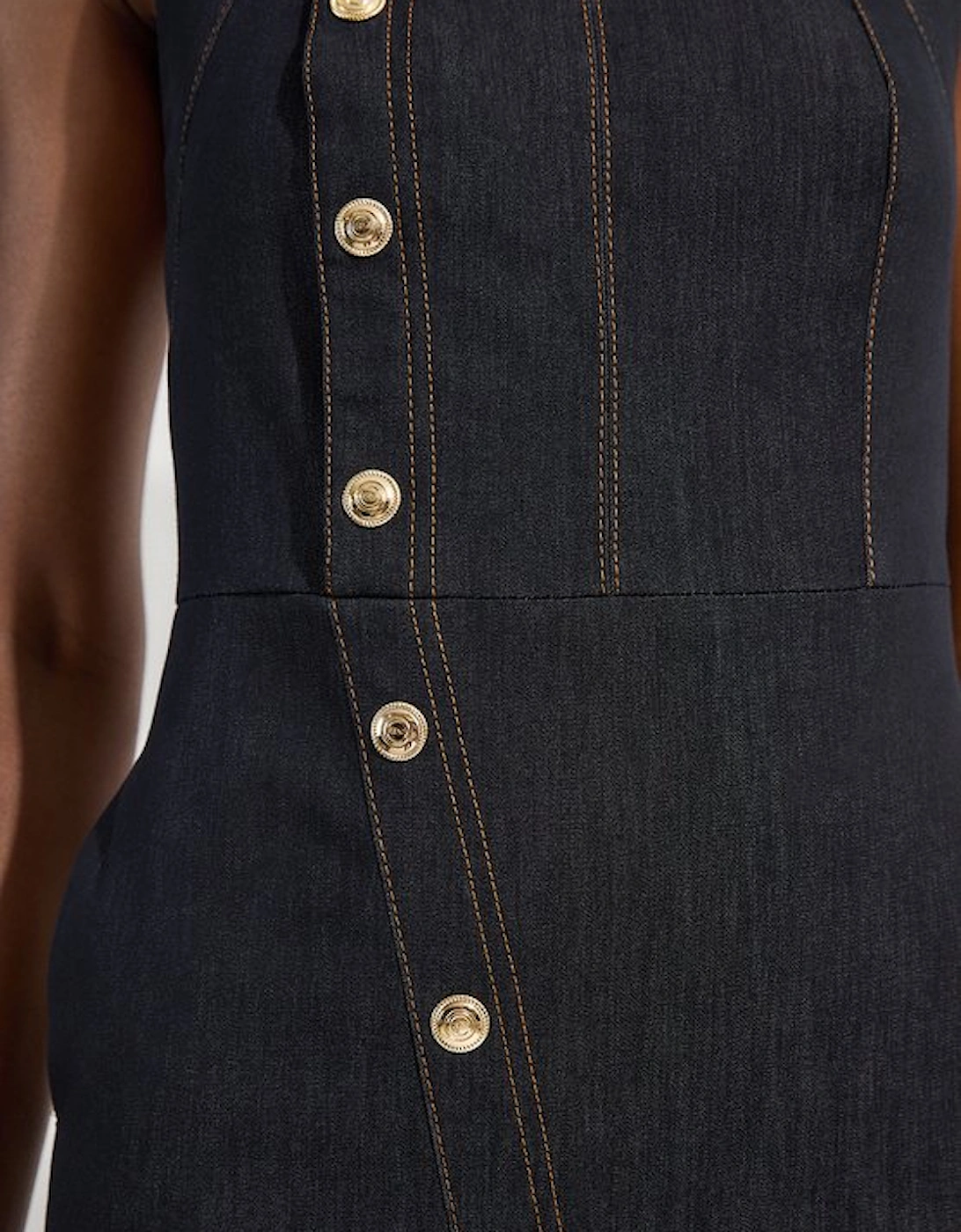 Tailored Denim Halter Neck Pencil Midi Dress