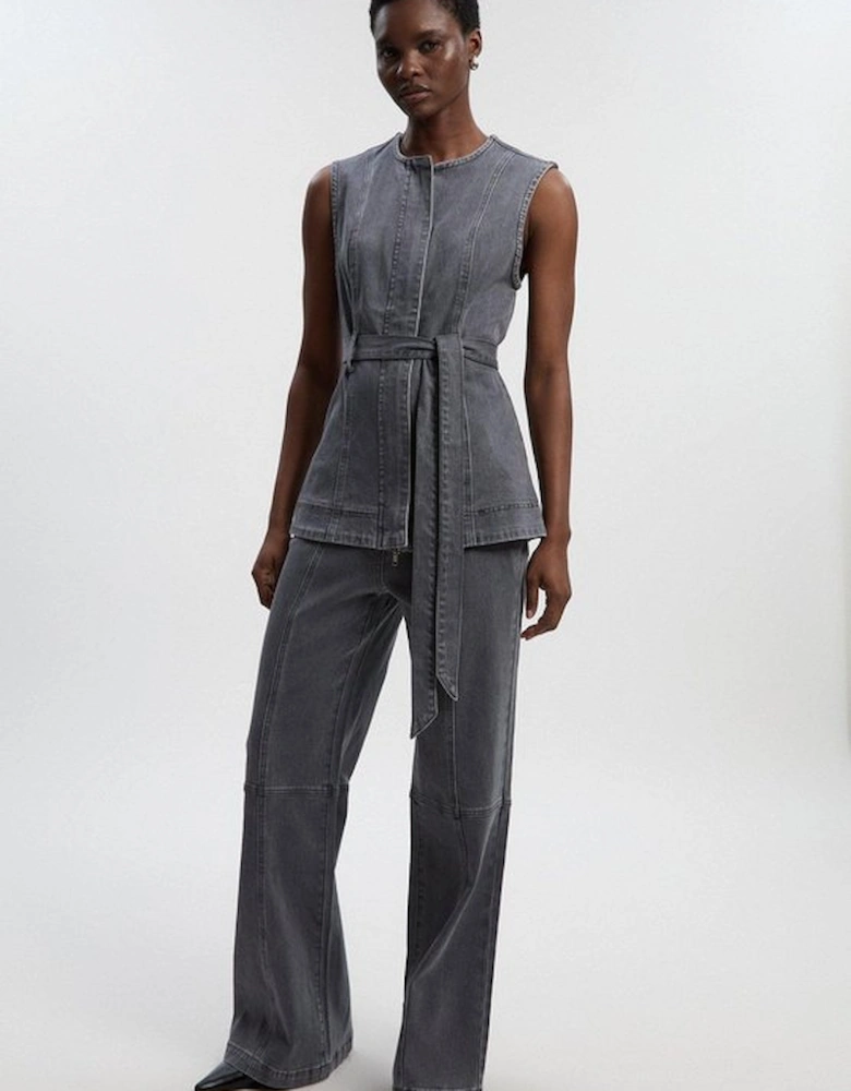 Denim Sleeveless Belted Jacket