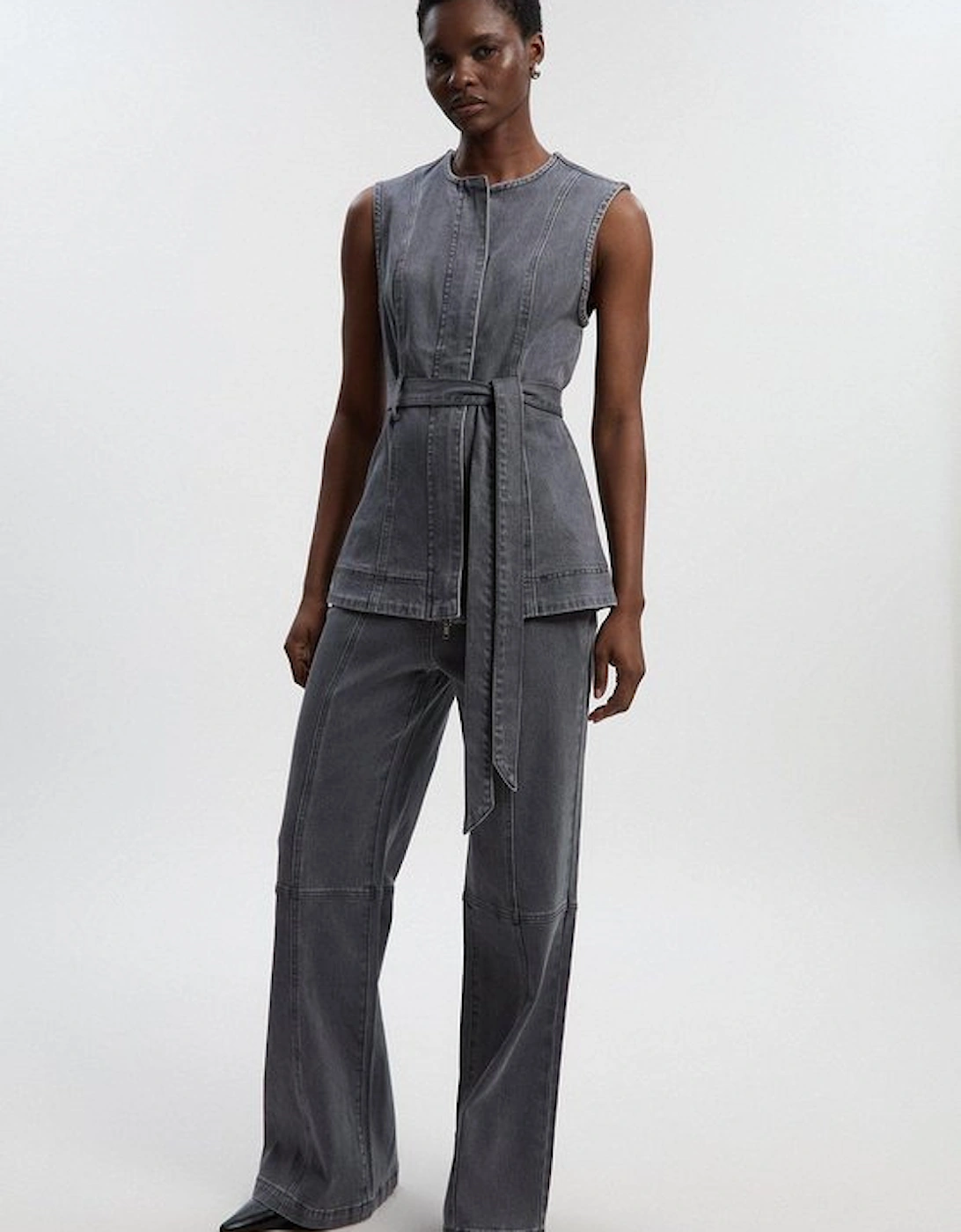 Denim Sleeveless Belted Jacket