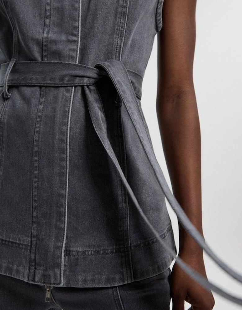 Denim Sleeveless Belted Jacket