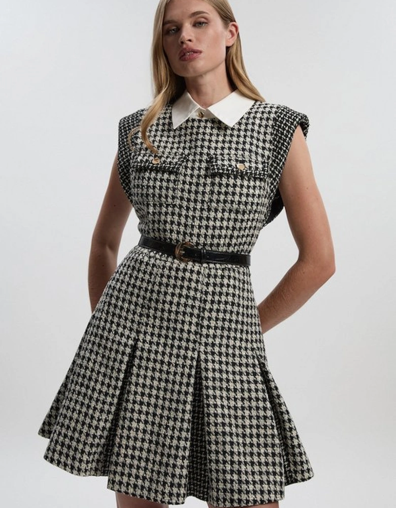 Textured Tweed Contrast Collar Pleated Tailored Mini Dress