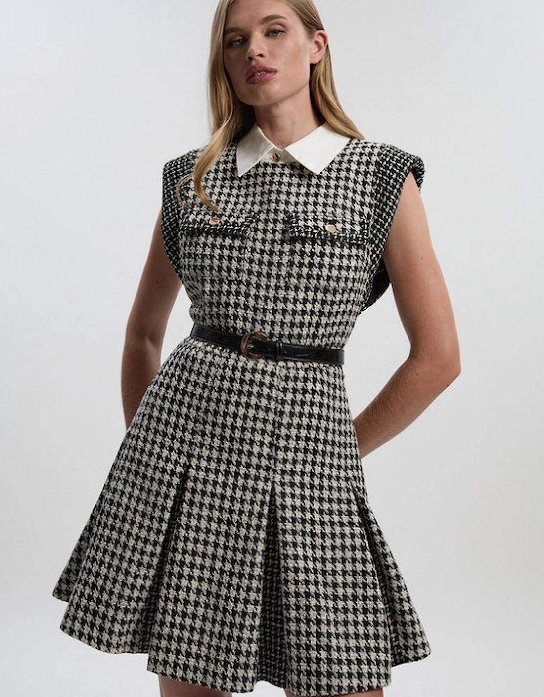 Textured Tweed Contrast Collar Pleated Tailored Mini Dress, 2 of 1