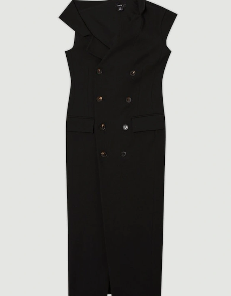 Compact Stretch Asymmetric Collar Tailored Pencil Maxi Dress