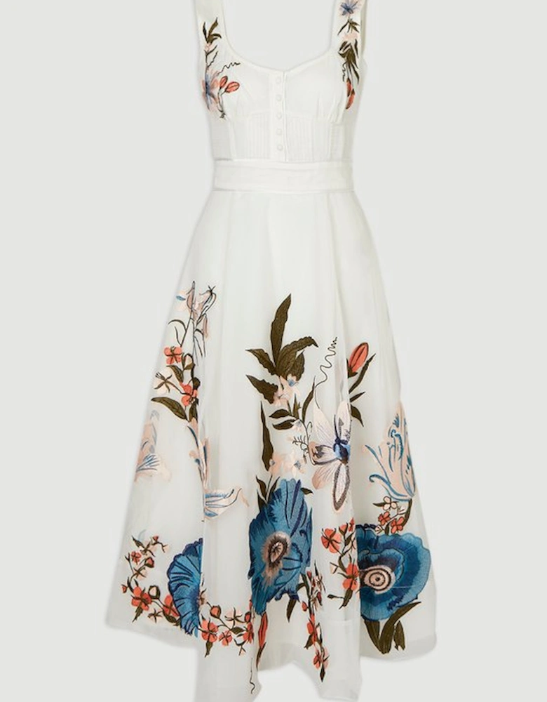 Botanical Embroidery Organdie Strappy Midi Dress