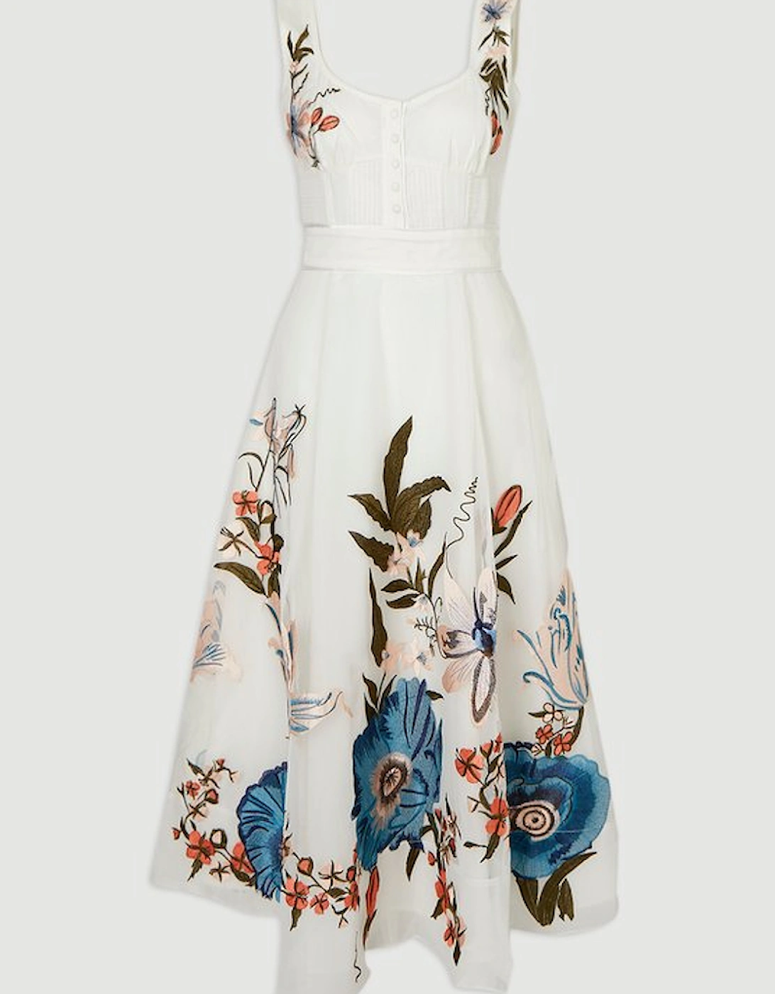 Botanical Embroidery Organdie Strappy Midi Dress
