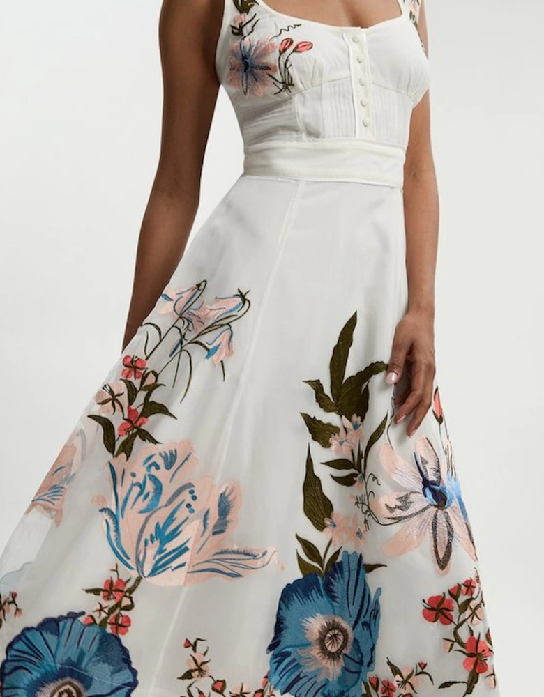 Botanical Embroidery Organdie Strappy Midi Dress