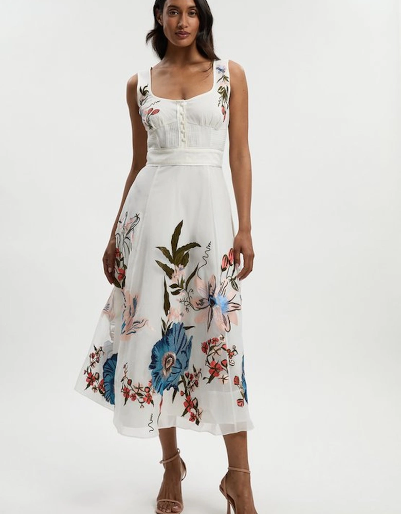Botanical Embroidery Organdie Strappy Midi Dress