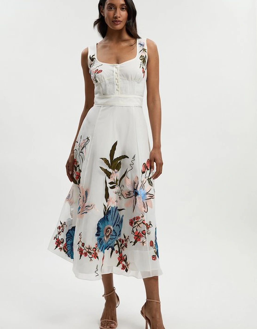 Botanical Embroidery Organdie Strappy Midi Dress