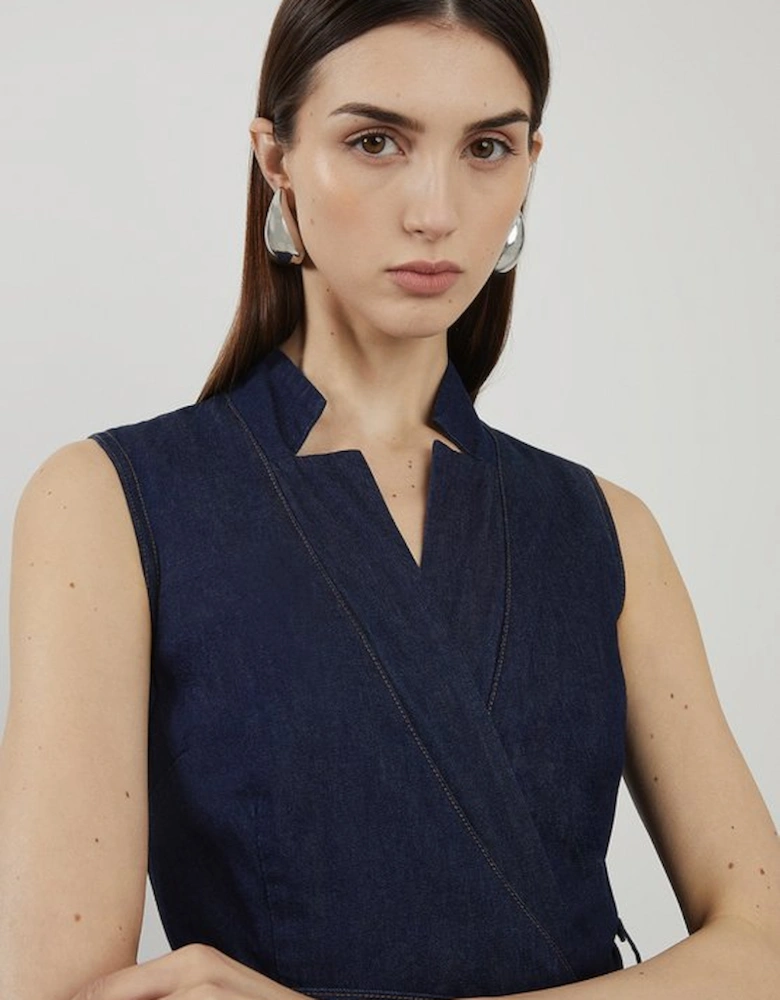 Petite Denim Tailored Notch Neck Belted Fluid Midi Dress