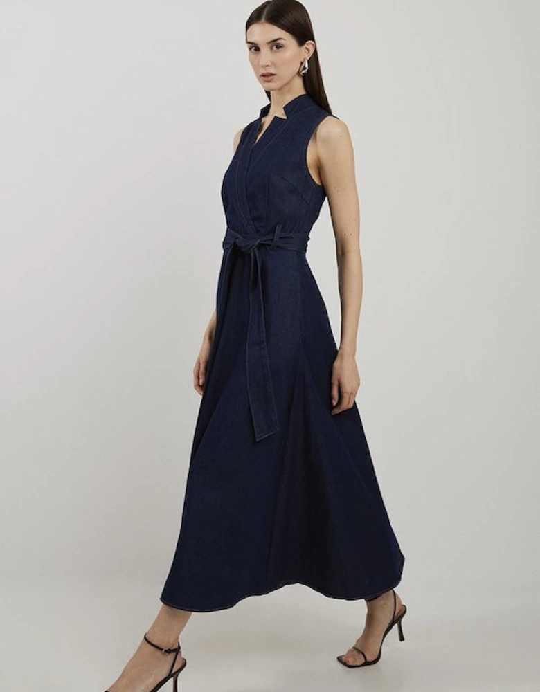 Petite Denim Tailored Notch Neck Belted Fluid Midi Dress