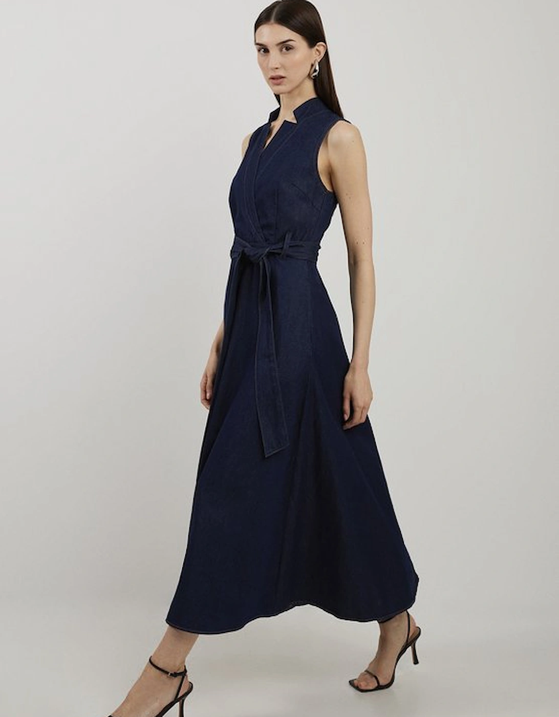 Petite Denim Tailored Notch Neck Belted Fluid Midi Dress