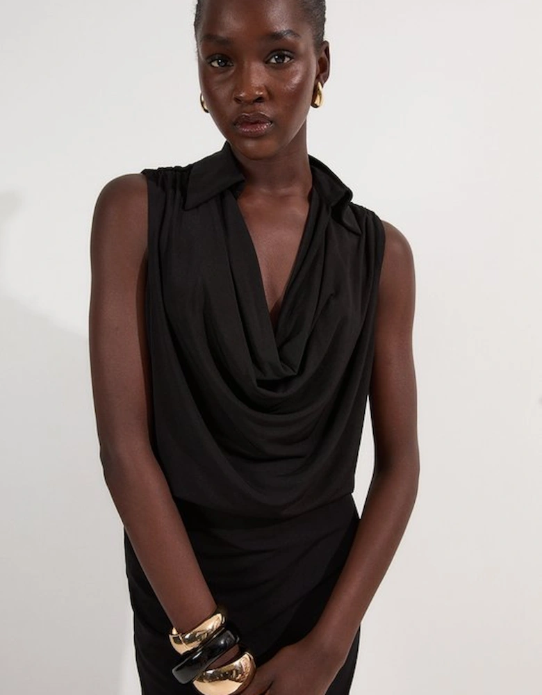 Drape Collared Crepe Maxi Dress