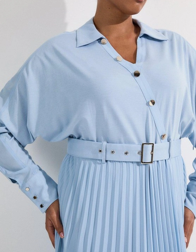 Plus Size Jersey And Georgette Mix Belted Pleat Midi Dress
