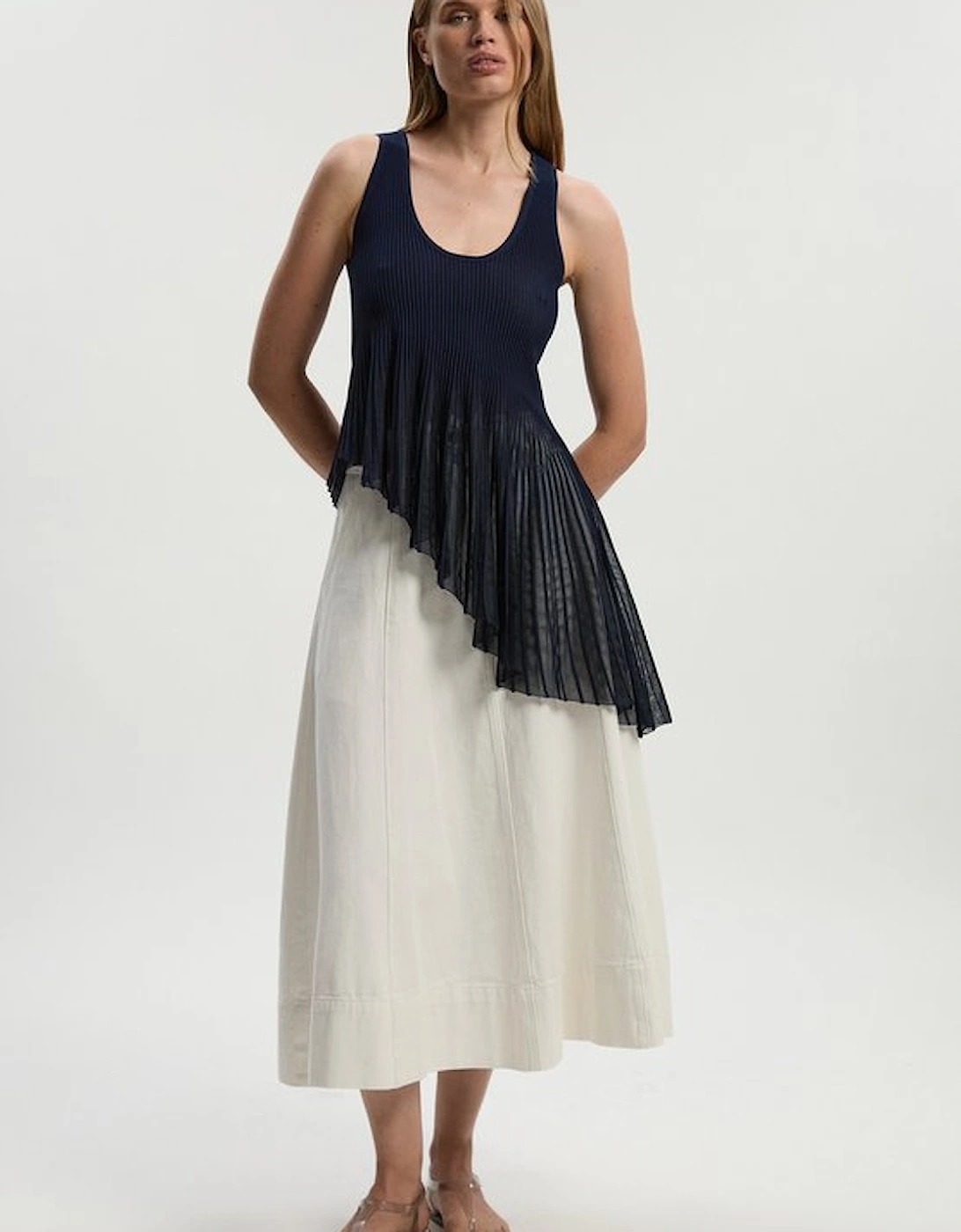 Viscose Blend Sleeveless Knitted Asymmetric Hem Top With Sparkle Sheer Detail