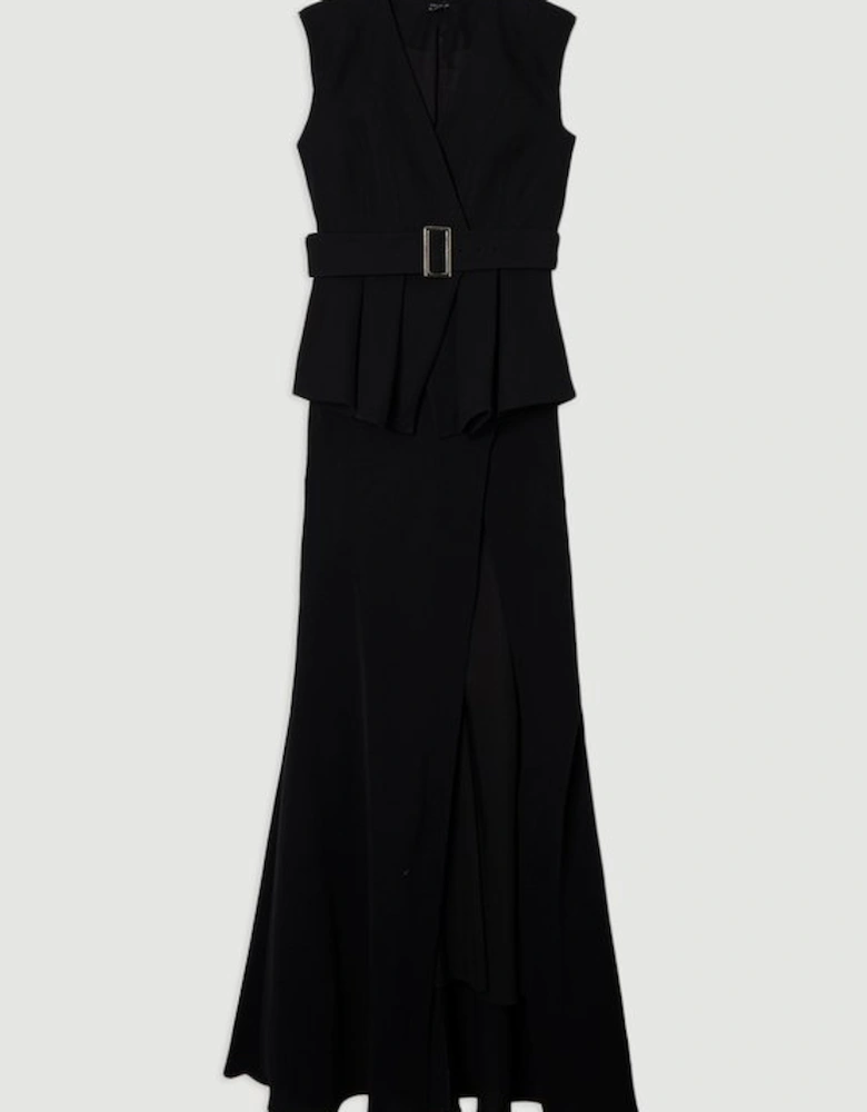 Soft Tailored Belted Peplum Tailored Maxi Dress