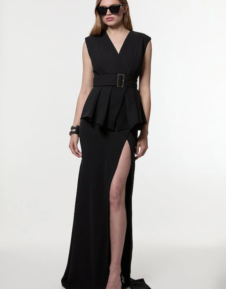 Soft Tailored Belted Peplum Tailored Maxi Dress