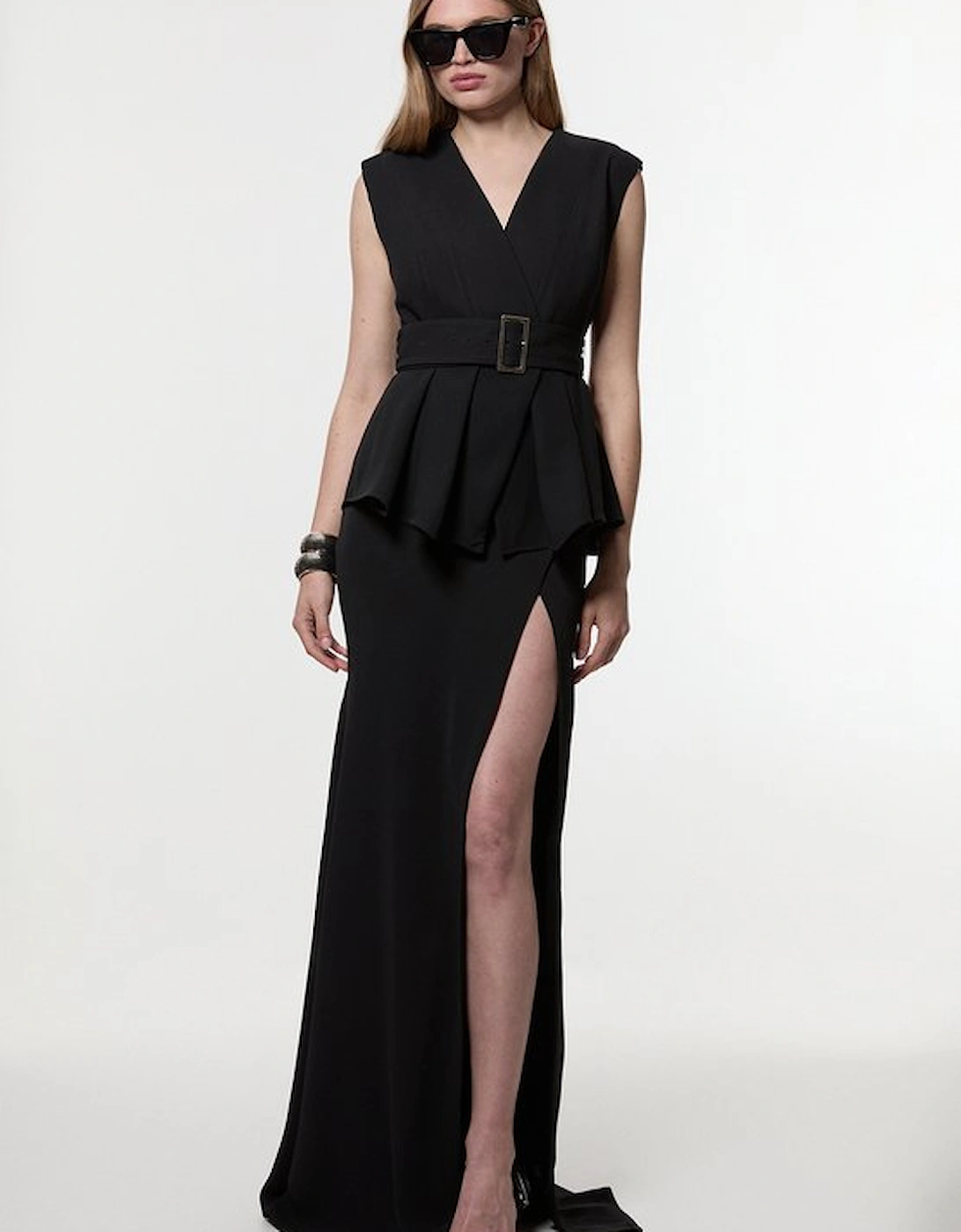 Soft Tailored Belted Peplum Tailored Maxi Dress