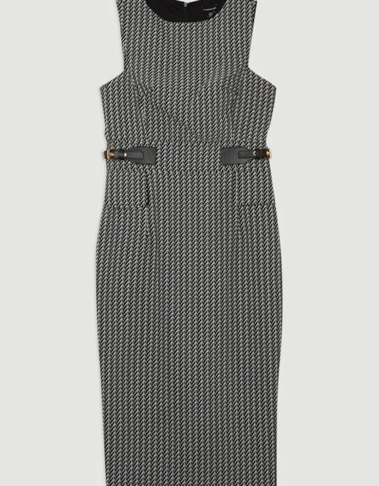 Jacquard Tab Waist Detail Tailored Midi Dress