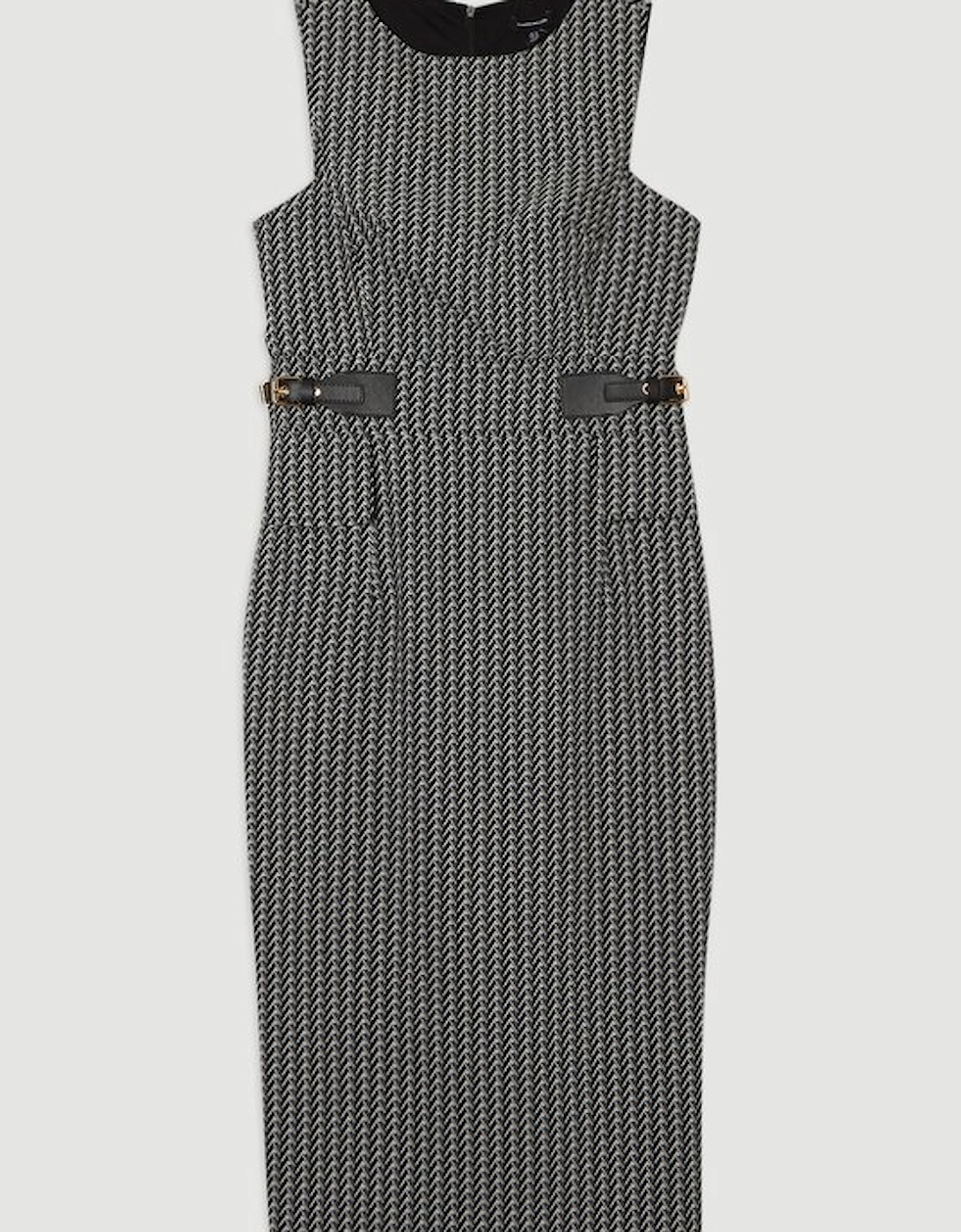 Jacquard Tab Waist Detail Tailored Midi Dress