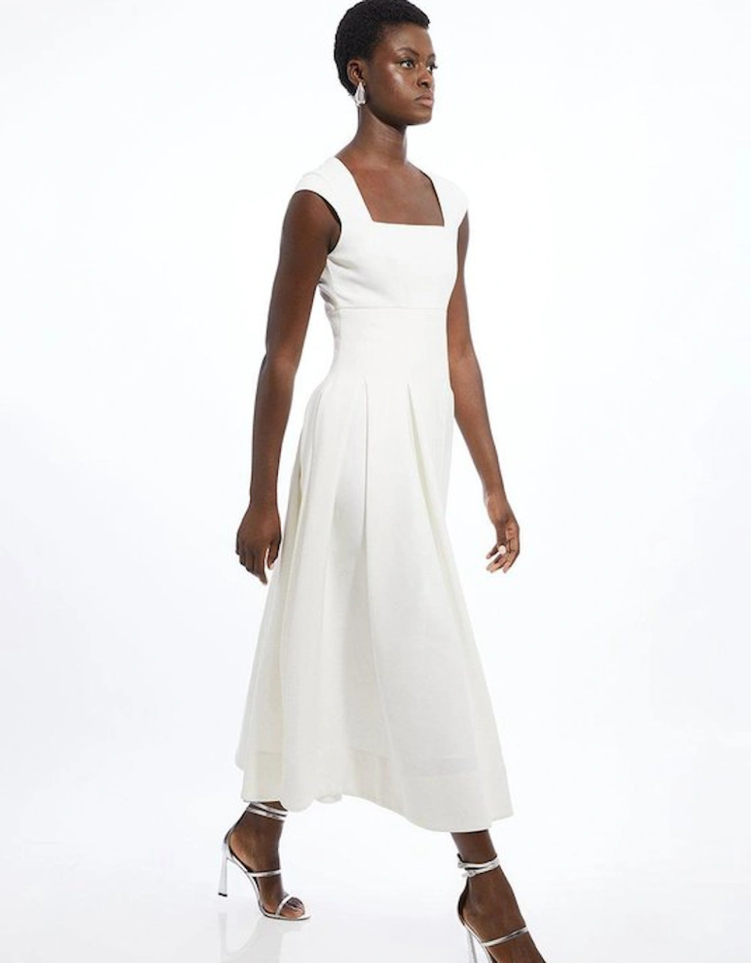 Clean Tailored Square Neck Full Skirted Midi Dress