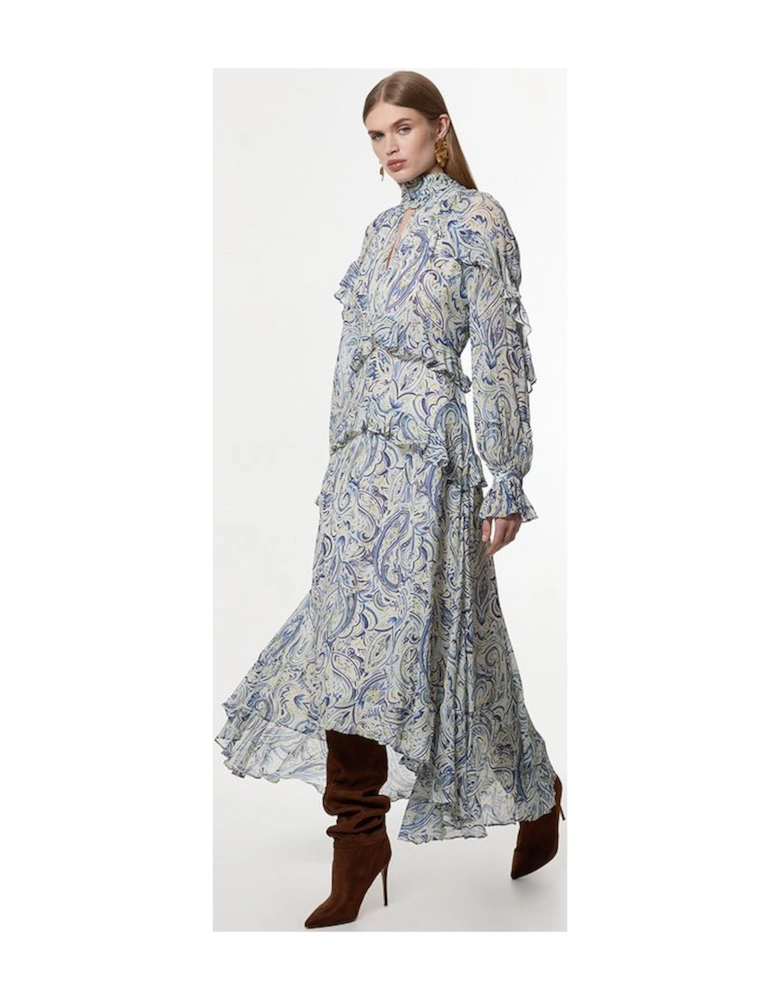 Viscose Crinkle Paisley Frill Detail Maxi Dress