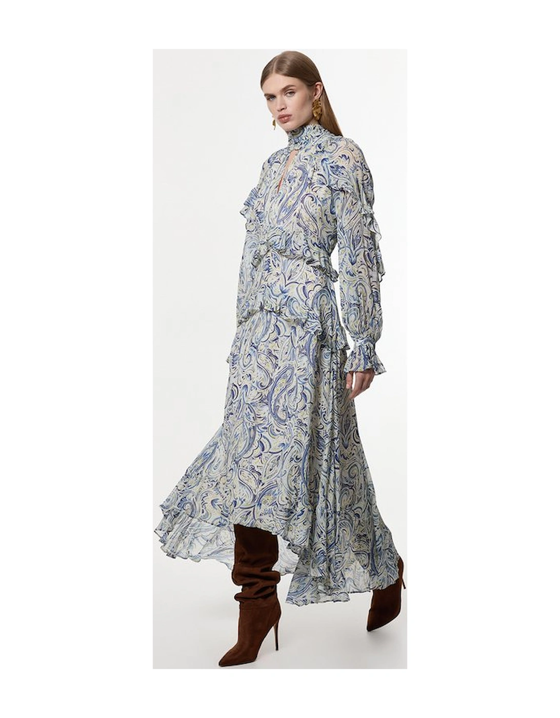 Viscose Crinkle Paisley Frill Detail Maxi Dress