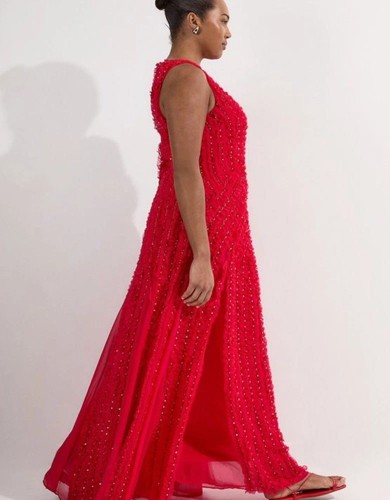Plus Size Embellished Ruffle Keyhole Cutout Woven Maxi Dress