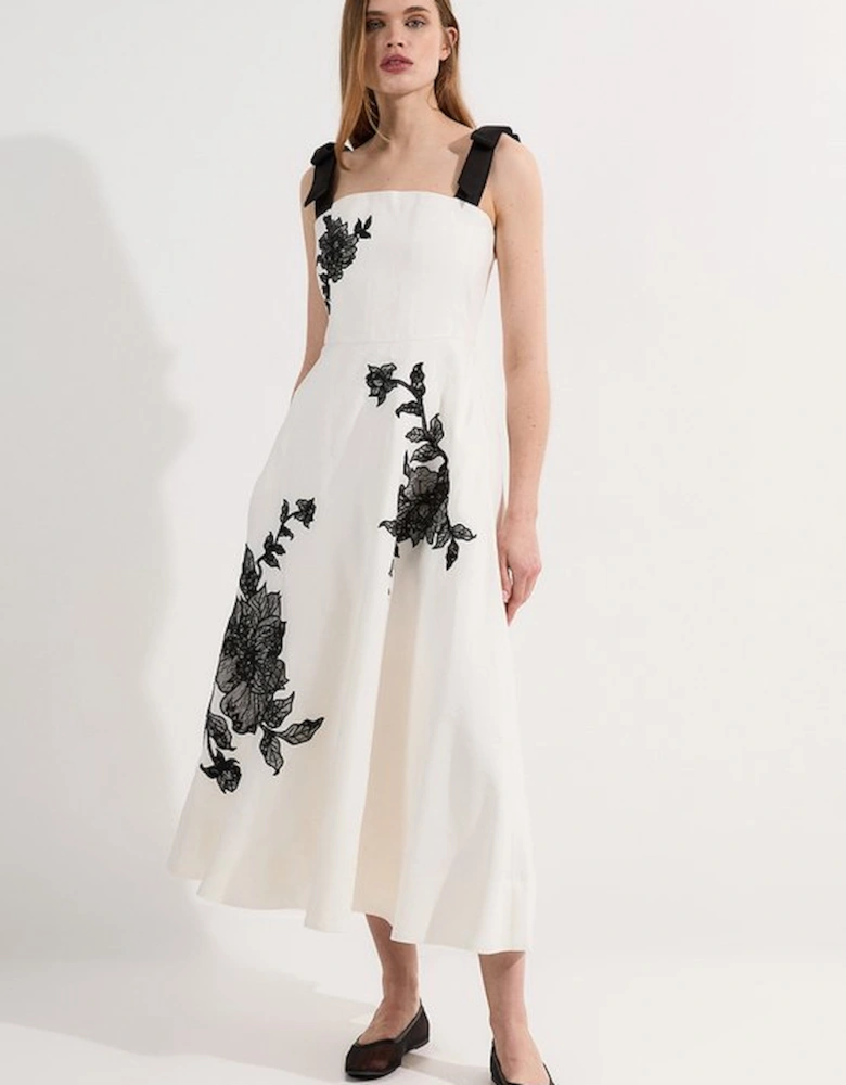 Viscose Linen Placed Floral Lace Embroidered Strappy Midi Dress