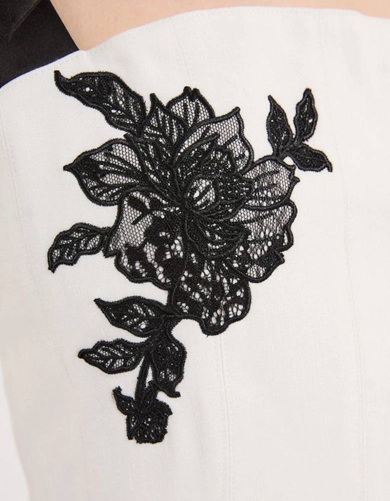 Viscose Linen Placed Floral Lace Embroidered Strappy Midi Dress