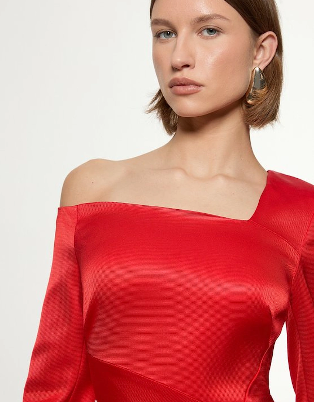 Italian Structured Rib Asymmetric Neckline Draped Tailored Maxi Dress